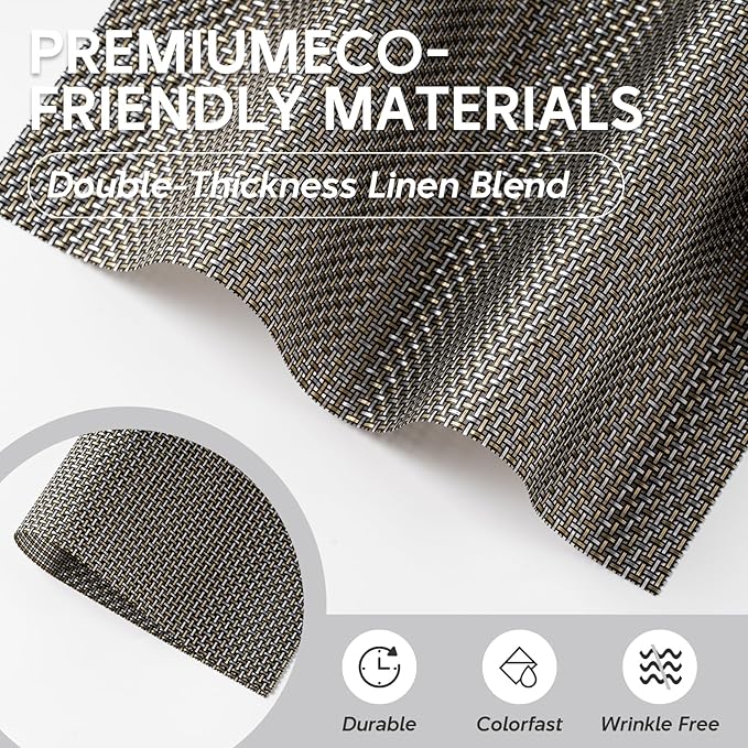 Heat Resistant Woven Vinyl Placemats, PVC Polyester Blend, 17.72x11.81 Inches, Gold and Gray, Set of 4, Non-Slip Stain Resistant Kitchen Table Mats