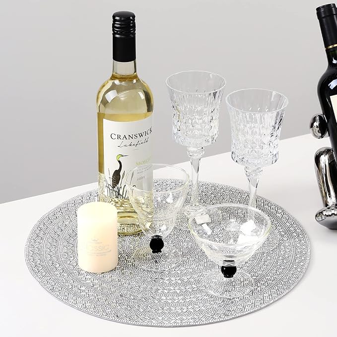 Silver Round Placemat Heat Resistant Non-Slip Table Mat for Fall Kitchen Dining Festivals Table Wedding Sparkle Christmas Decoration Glass Rhinestones Placemat (15 Inches)