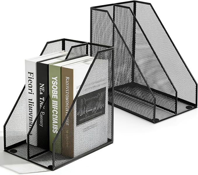 Carperipher Metal Mesh Magazine File Holder, 2 Pcs Desk Document Organizer, 2 Compartments Desk Organizers, Mesh Desktop Organizer and Storage, Black