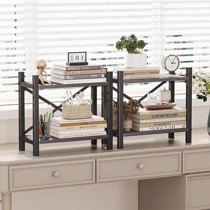 2-Pack Desktop Bookshelf, 4-Tier Stackable Narrow Bookcase, Adjustable Industrial Desk Organizer & Hutch - Rustic Brown Wood Desktop Book Organizer for Living Room, Bedroom & Home Office