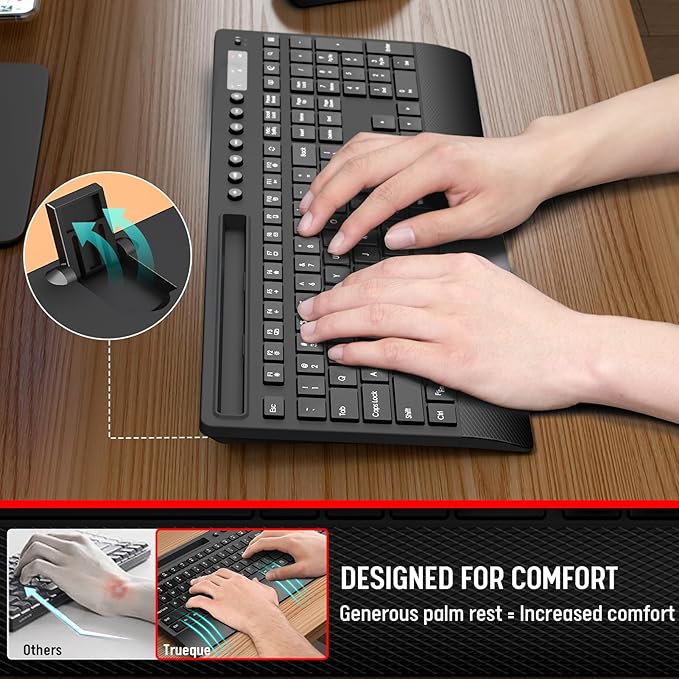 Trueque KM31 Wireless Keyboard and Mouse Combo - Full-Size Quiet Typing with Palm Rest, Phone Holder, Multimedia Keys, Power Switch, Batteries Included, Compatible with Windows, Chrome OS, PC, Laptop