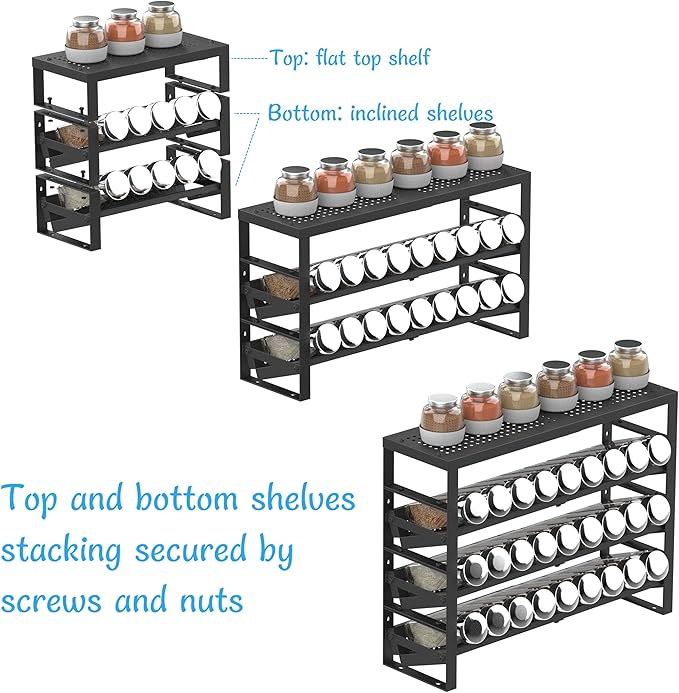 Jojocross Expandable, Stackable, Adjustable Spice Rack kitchen Organizer,Metal Pantry Storage Shelves - Multi-Tier Shelf for Cabinet, Countertop, Pantries, Cupboard or Wall Mount,Black