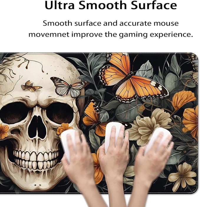 35.4 x 15.7 in, XXL Large Mouse Pad for Desk, Extended Keyboard Mouse Mat for Computer Office, Big Mouse pad with Stitched Edges, Gaming Pc-Skull Butterfly Flowers