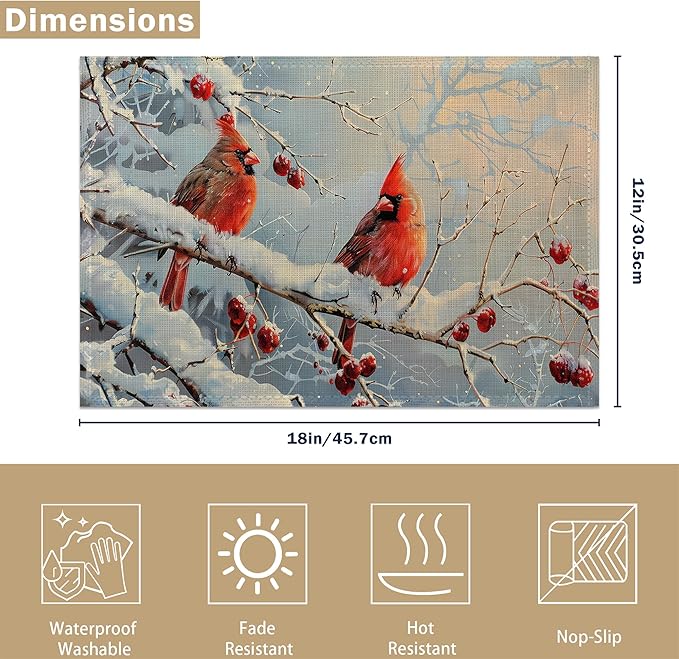 Red Cardinal Bird Christmas Placemats Set of 6 Linen Table Mats, 12x18 Inch Washable Placemats for Dining Table, Non Slip Heat Resistant Mats for Kitchen Home Decor