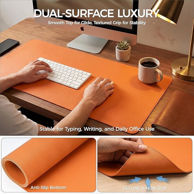 Large Desk Pad Non-Slip Desk Mat Protector for Keyboard Mouse Waterproof Vegan Leather Surface Faux Leather Laptop Mat Smooth Mouse Pad Premium Gift Tube Sunset Orange 31.5" x 15.7"