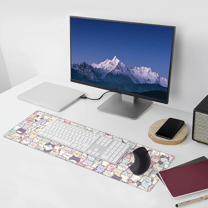 Cute Cat Mouse Pad,Large Cat Gaming Mousepad for Desk Decor,Big Kawaii Cartoon Cream Cat Keyboard Non-Slip Mousemat with Stitched Edges for Home Office Work,31.5 x 12in