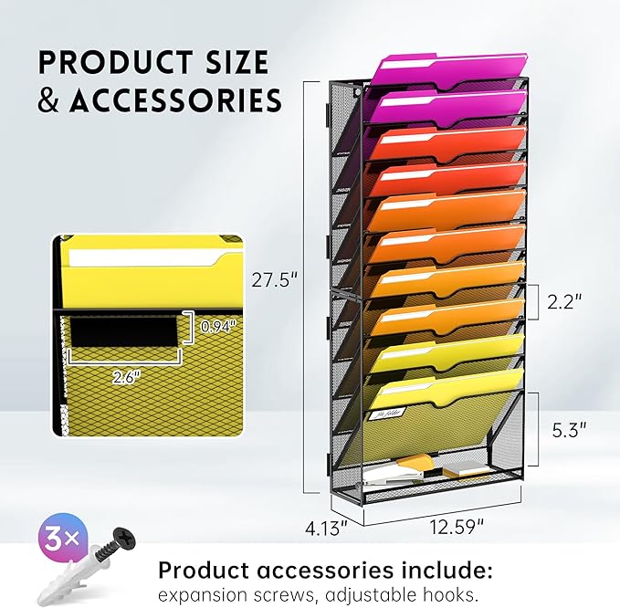 11-Tier Wall File Organizer, Wall File Holder Mesh Mail Organizer for Papers, Folders, Letters, Magazine Rack for Office Home Classroom, Black 2 Pack
