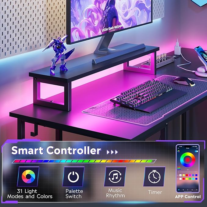 DEVAISE Spacious 55" L Shaped Gaming Desk with LED Lights and Power Outlets - Reversible Corner Computer Table with Monitor Stand and Storage Shelves for Work and Gaming, Black