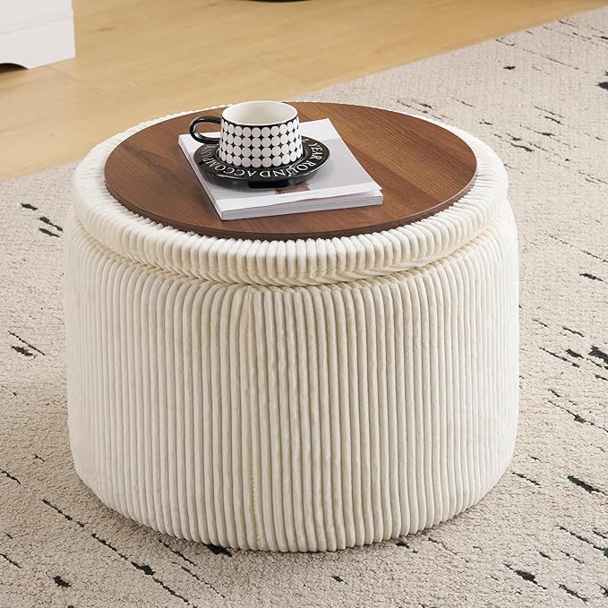 Modern Round Storage Ottoman with Reversible Tray Lid,Chenille Ottoman Foot Stools, Ottoman Footstool with Hidden Storage, Storage Ottoman, Multi-Functional Footrest, Corduroy Beige