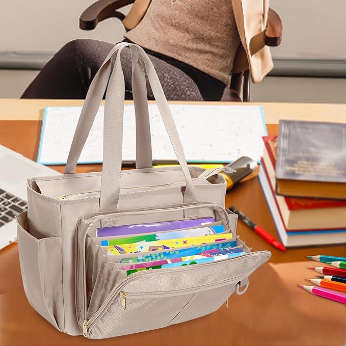 Teacher Tote Bag with Accordion File Organizer Pocket, Large Teacher Work Utility Bag for Women, Light Tan (Patent Design)
