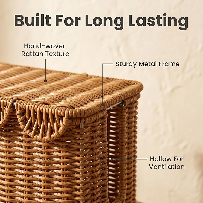 Scalloped Handwoven Rattan Cable Management Basket, 2 Open Slots Plastic Wicker Cord Hider Box for TV Wires Computer Router USB Hub Strip