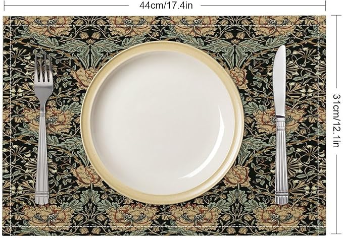 William Morris Floral Placemats Vintage Flower Art Style Boho Chic Retro Floral Linen Washable Table Mats Stain Heat-Resistant Desktop Decor Place Mats for Home Kitchen Dining Party 12x18 in 6 Pcs