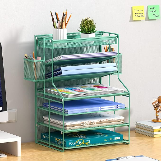 Green 7 Tier Office File Organizer, Letter Tray Paper Organizer with Pen Holder and Metal Hanging Basket, Vertical Desktop File Holder for Home Office Organization