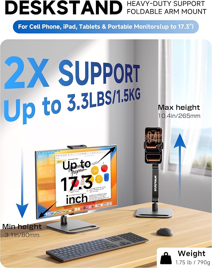 Portable Monitor Stand Holder for 15.6'',17.3'', Tablet Stand Holder for iPad, Aluminum Alloy Foldable Arm Mount with 360° Swivel Desk Mount Compatible with 4.7-17.3inch Tablet (Black)