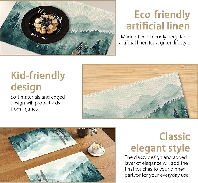 Watercolor Forest Landscape Linen Placemats Set of 6, Decorative Table Mats 12x18 Inch, Washable Heat Resistant Placemats for Dining Table Kitchen Home Decor