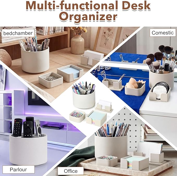 4 Pcs Rotating Leather Pen Holder Organizer Office Desk Accessories Set with Business Card Sticky Note Holder Paperclip Storage Desktop Storage Supply for Teacher Back to School Gift(Beige)