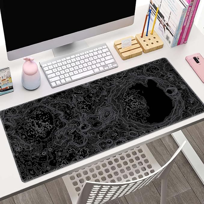 Moon Topographic Map Desk Mat Black Large Mouse Pad XL Extended Gaming Mousepad Keyboard Mouse Mat Desk Pad for Computer Laptop 31.5''X11.8'' Non-Slip Rubber Base with Stitched Edges