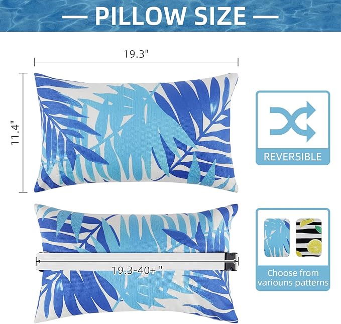 Outdoor Pillow for Chaise Lounge Chair, 2pcs Chaise Lounge Pillows Lumbar Pillows with Insert and Adjustable Elastic Strap for Patio Beach Office Chair, Blue Leave