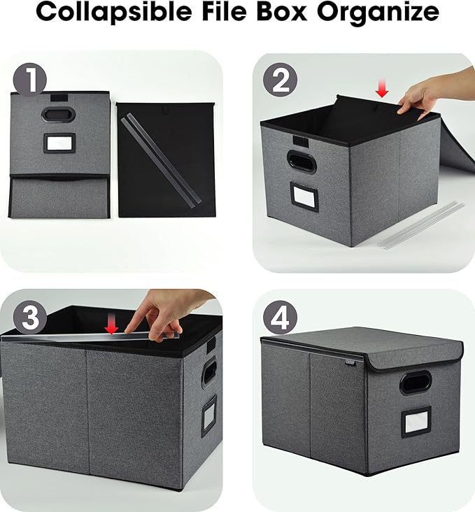 Qerlei File Organizer Boxes with Lids,Collapsible File Folder Organizer with Plastic Slide,Collapsible Filing & Storage Boxes for Office/Decor/Home (Drak grey, 1 Pack)