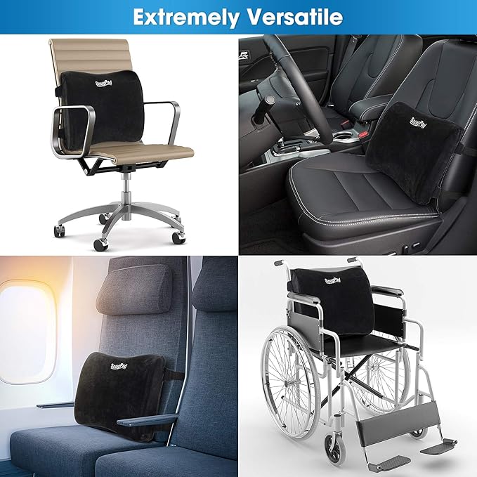 Memory Foam Lumbar Pillow and Seat Cushion Combo, Ergonomic, Lower Back and Coccyx Support, Premium Washable Velvet Covers with Non-Slip Bottom, Ideal for Office Chairs and Car Seats (Black)