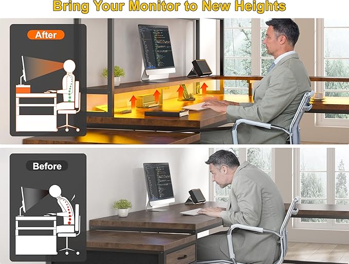 EnHomee 64 x 60 Inch Reversible L Shaped Gaming Desk with Hutch, 3 Drawers, Power Outlet & LED Lights, Two Person Corner Computer Desk with Monitor Stand for Home Office, Bedroom, Living Room