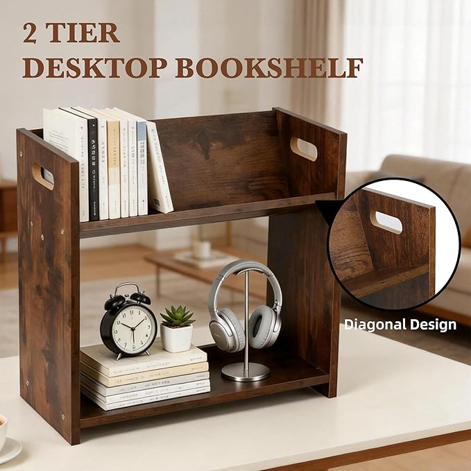 Desktop Bookshelf, 2 Tier Desk Shelf Organizer, Wood Office Tabletop Bookcase, Small Tabletop Book Rack, Portable Mini Bookcase for Book Display, Office, Home, Bedroom, Storage and Display