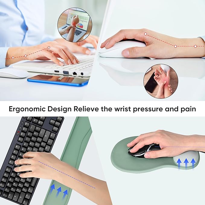 Wrist Rest Support for Mouse Pad Keyboard Set Circle Coaster Gaming Mouse Pad Ergonomic Gel Memory Foam Set for Computer, Laptop, Office, Pain Relief, Comfortably Typing Pure Green KM-34