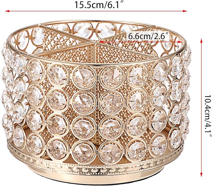 Hipiwe Crystal Vanity Organizer 360 Rotating Makeup Brush Holder Spinning Cosmetic Brushes Display Holder Gold Vanity Storage Holder Multi-Functional Desk Organizer for Eyebrow Pen Pencil, 4-Slot