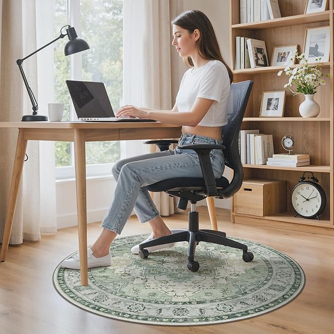 60"x60" Office Chair Mat for Hardwood Tile Floor, Under Desk Carpet Protector for Rolling Computer Chair Mat, Machine Washable Round Area Rug, Anti-Slip 1/5" Thick Low Pile Thin Floor Mat, Green