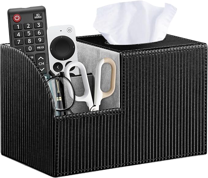 Tissue Box Cover Square with Storage, PU Leather Cube Tissue Box Holder, Multifunction Remote Control Nightstand Organizer, Modern Desk Caddy for End Table, Bathroom, Home, Office Decor