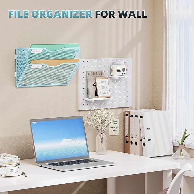 Marbrasse Wall File Holder 2-Tier Hanging Wall File Organizer, Mesh Mail Holder for Papers, Wall Mount File Clipboard & Magazine Organizer Great for Office Home - 2P(Blue)