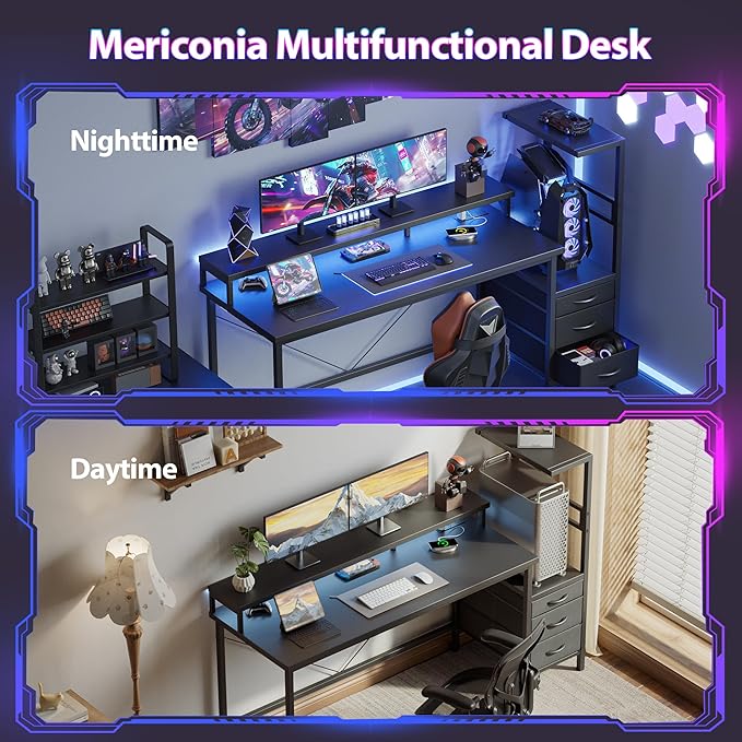 Mericonia 68 inch Gaming Desk with LED Lights & Power Outlets, Reversible Computer Desk with Storage Drawers & Monitor Stand, Large Gaming Table for Home Office