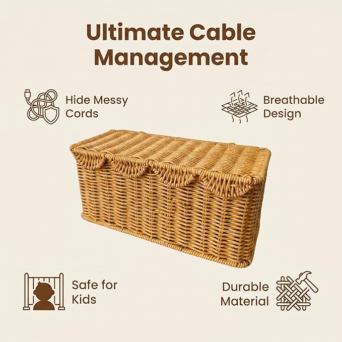 Scalloped Handwoven Rattan Cable Management Basket, 2 Open Slots Plastic Wicker Cord Hider Box for TV Wires Computer Router USB Hub Strip