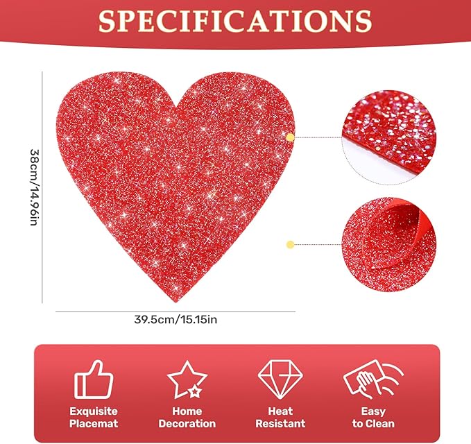 Red Heart Rhinestones 15 Inches Table Mat Valentines Day Decoration Placemat for Centerpiece Dining Table Love Home Family Together Gifts for Her