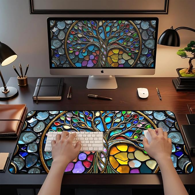 Faux Stained Glass Desk Mat, Tree of Life Desk Pad Mouse pad XXL, Game Pad Large Office Desk Keyboard Mats,with Stitched Edges Non-Slip Base Mousepad, Aesthetic Full Desktop Decor 31.5"X15.7"