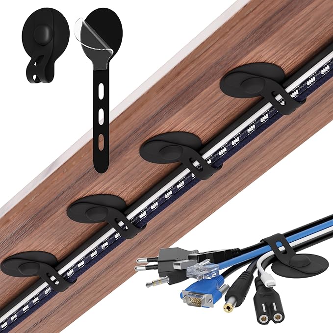 Cable Management Under Desk, Adjustable Self-Adhesive Silicone Cable Ties Cord Organizer, Reusable Heavy-Duty Cord Holder Under Table for Office, Home, School (30Pcs-Black)