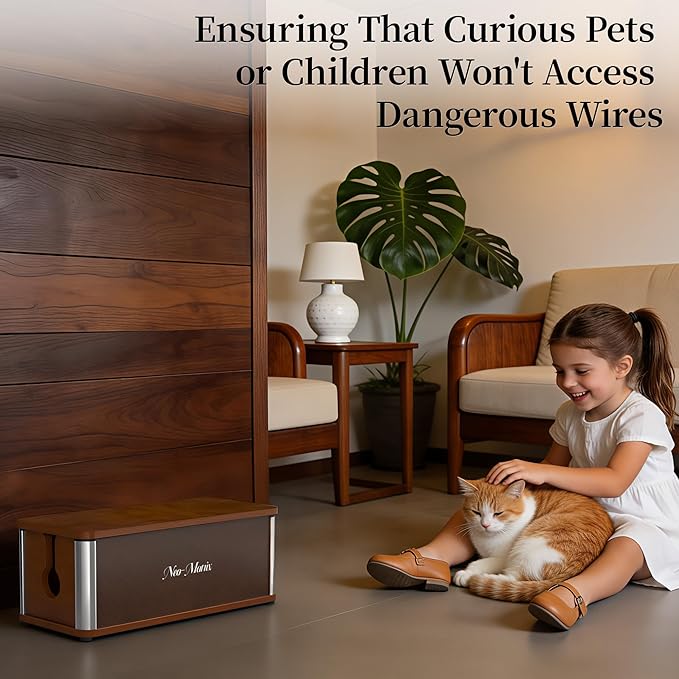 Delamu Wooden Cable Management Box, Retro-Inspired Cord Organizer Box for Home Office, Large Cord Hider Box Hides Cords and Power Strips, Floor Cord Covers, 14.3" x 6.0" x 5.5", Dark Brown