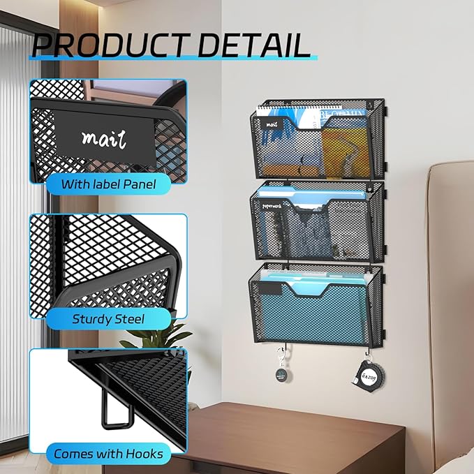 SUPEASY Wall File Organizer 6 Pack, Metal Mesh Wall File Holder with Hooks and Label Panel, Wall Mounted Mail Organizer for Office, Home, Classroom, Letter Size and A4 Files