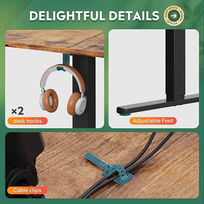 DEVAISE 63 Inch L Shaped Electric Standing Desk, 3 Adjustable Computer Desk for Home Office, Sit to Stand Desk with LED Touchscreen，Headphone Hook, 3 Memory Preset, with Split Top, Rustic Brown