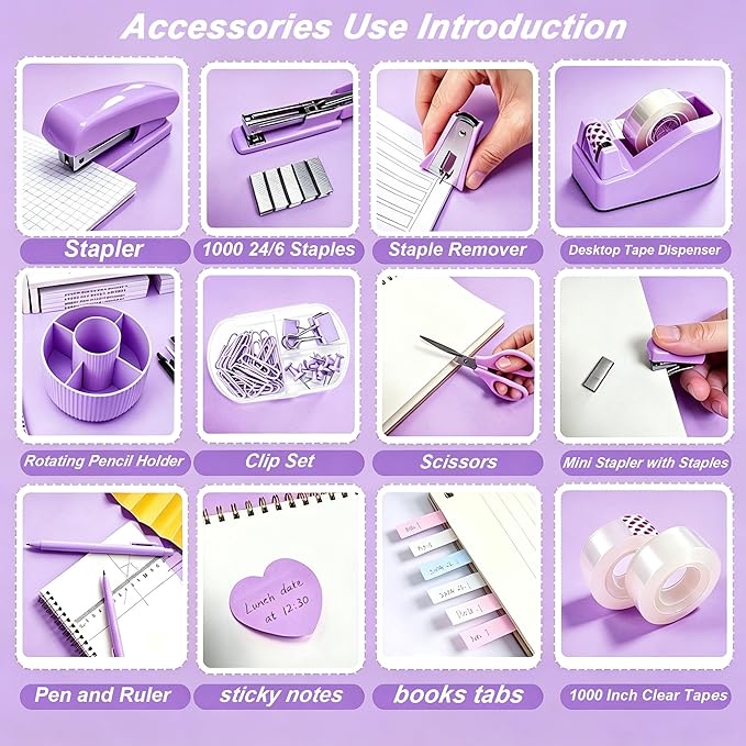 Office Supplies Set Rotating Pen Holder for Desk with Stapler Staple Remover Tape Dispenser 2pcs Tape Refills Binder Paper Clips Kit Scissor Pen Ruler & Sticky Tabs Pink Office School Supplies(Purple)