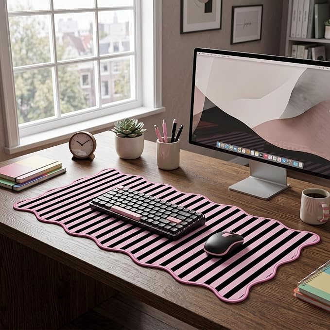 Scalloped Desk Mat Extended Large Cute Striped Mouse Pad Big Desk Pad XXL Aesthetic Stripe Mousepad Gaming Mouse Pad for Keyboard Computer Laptop Home Office Accessories 35.4X15.7Inches Black Pink