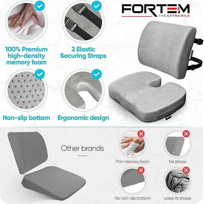 FORTEM Seat Cushion, Office Chair Cushion, Lumbar Support Pillow for Office Chair, Memory Foam Car Seat Cushions, Sciatica Coccyx Tailbone Pain Relief, Cushions for Back Support, Washable, Non Slip