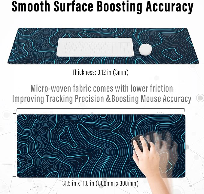 Ovenbird Gaming Mouse Pad with Stitched Edges, Topographic Map Blue Extended XL Mousepad with Anti-Slip Base, Cool Large Mouse Pad for Desk, 31.5 x 11.8 in, Blue