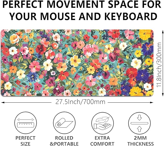 Colorful Watercolor Floral Large Mouse Pad Desk Mat, 27.5x11.8in Vibrant Spring Flower Extended Keyboard Mousepad with Stitched Edges, Non-Slip Waterproof Rubber Base for Office, Computer & Laptop