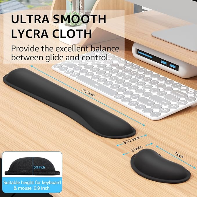 KTRIO Ergonomic Keyboard Wrist Rest and Mouse Wrist Rest Set, Memory Foam Wrist Support Pads for Typing, Gaming, Office & Home Use, Non-Slip Comfortable Design, Black