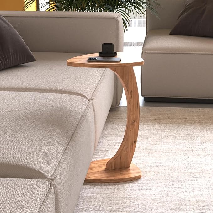 C Shaped Triangular Top Design Table for Couch Small Places, Space Saver Sheild Shape Side Table for Sofa and Bedside with Wheels, Coffee and Eating Snack Time Tray for Living Room, Office (Natural)