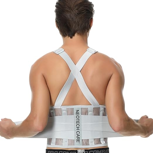 NeoTech Care Back Brace with Suspenders/Shoulder Straps - Light & Breathable - Lumbar Support Belt for Lower Back Pain - Posture, Work, Gym - Grey Color (Size M)