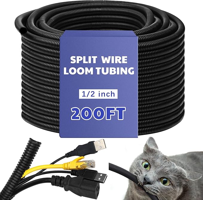 Kanayu Split Wire Loom Tubing Flame Retardant Wire Covering High Temperature Cable Sleeves Split Protector Cable Conduit for Industrial Electrical Automotive Marine(1/2''-200 ft,Black)