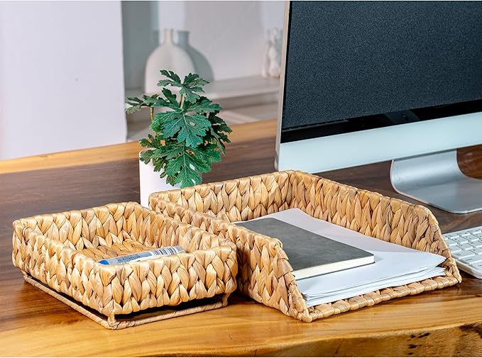 PINXIURY Woven Water Hyacinth Paper Organizer for Desk – Set of 2 Letter Trays – Tabletop Folder & Document Storage Trays – Desktop File Organizer for Home & Office