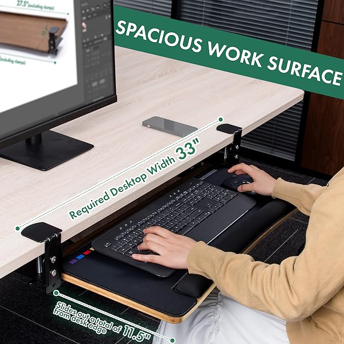 D'vine Dev Keyboard Tray Under Desk with Wrist Rest, Bamboo Wood Keyboard Drawer with Full Size Keyboard and Mouse Pad, Original Wood, KBTY-1